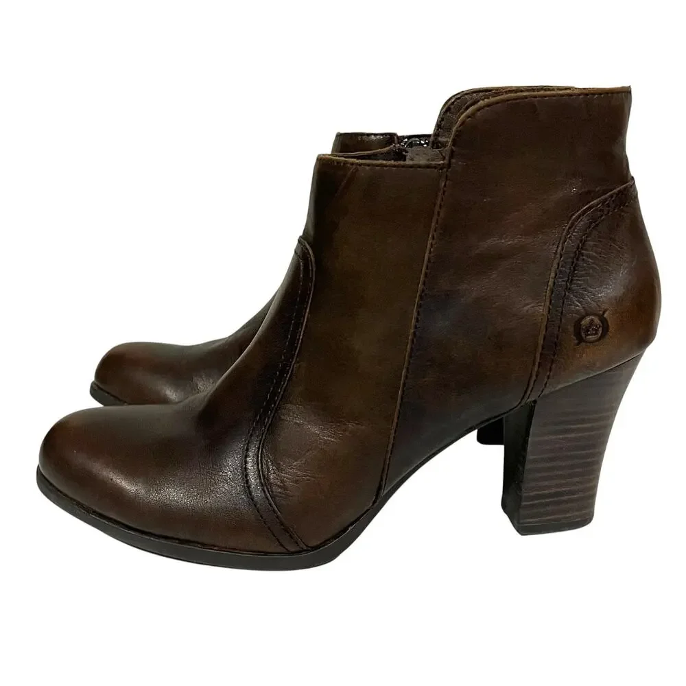 Born Brown Leather Boots Booties Block Heel Ankle‎ Claire Womens Size 9.5 M